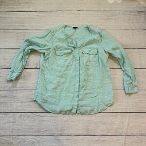 Talbots size 1X teal blue 100% linen button long sleeve shirt